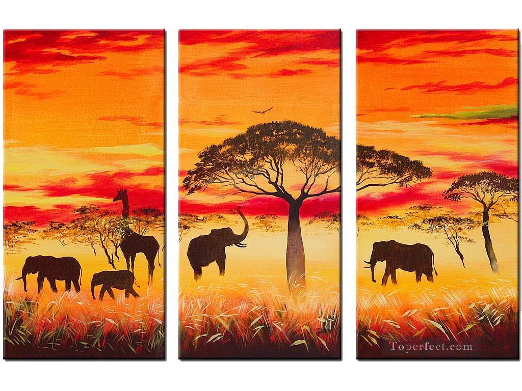 Elefanten unter Bäumen in Sonnenuntergang Ölgemälde